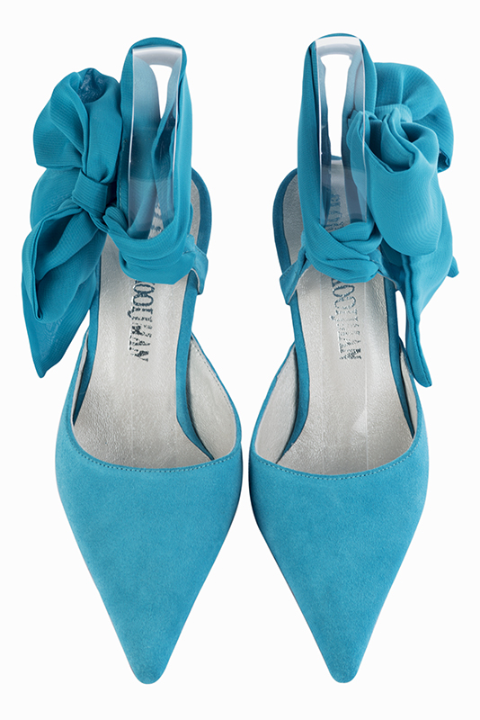 Turquoise blue women's open back shoes, with an ankle scarf. Pointed toe. High spool heels. Top view - Florence KOOIJMAN